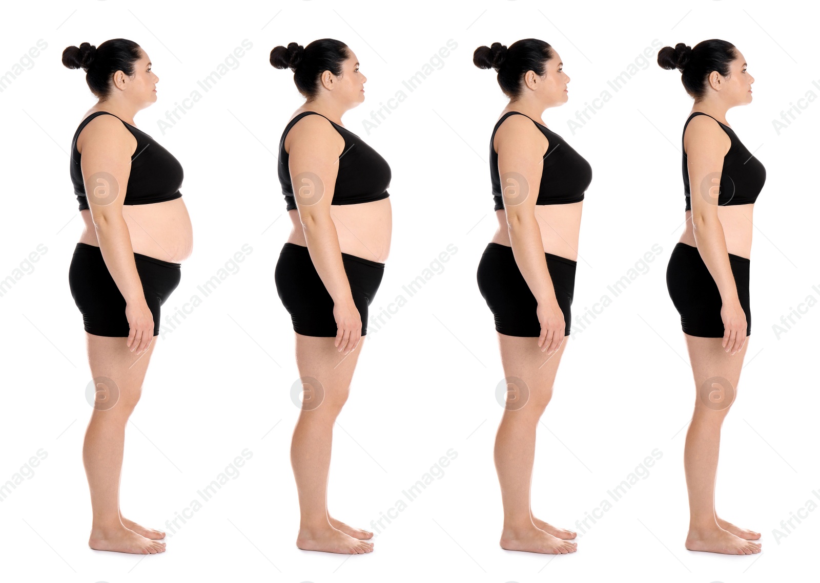 Image of Collage with photos of woman before and after weight loss diet on white background