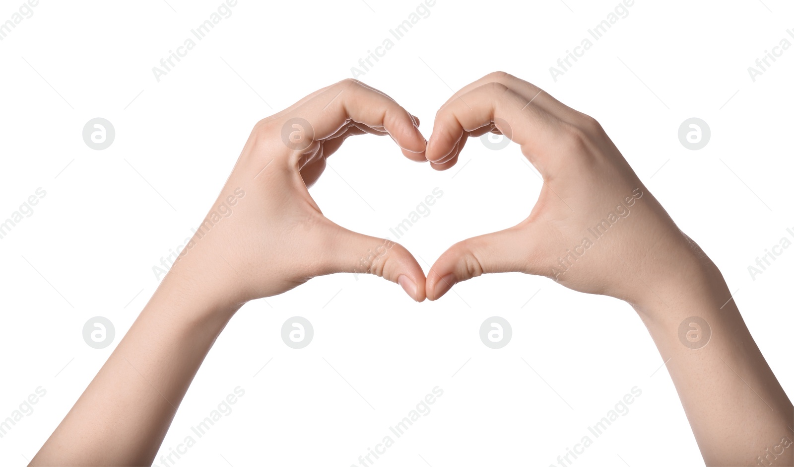 Photo of Woman making heart with her hands against white background, closeup