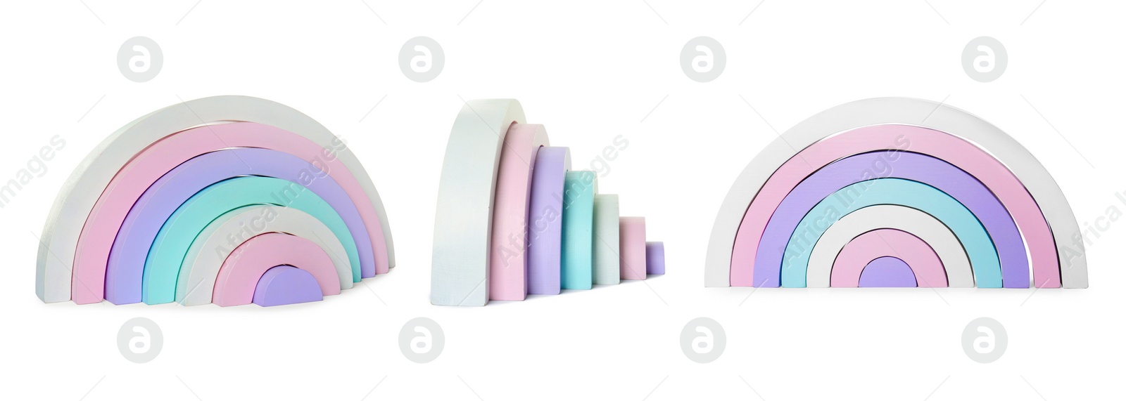 Image of Rainbow in pastel colors isolated on white, different angles. Collage design with children's toy