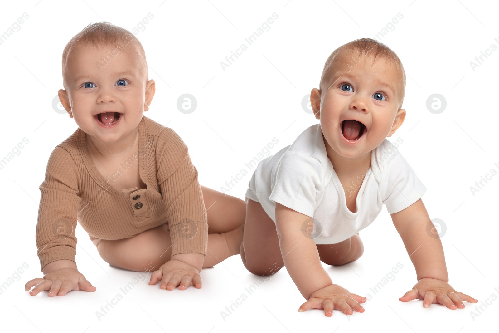 Image of Portrait of cute twin babies on white background