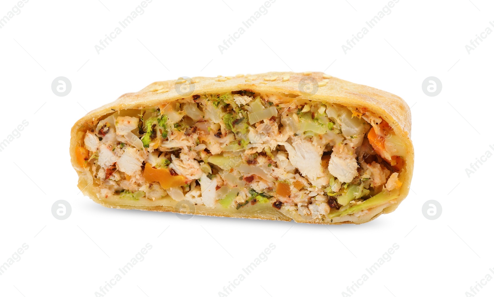 Photo of Piece of delicious strudel with chicken and vegetables isolated on white