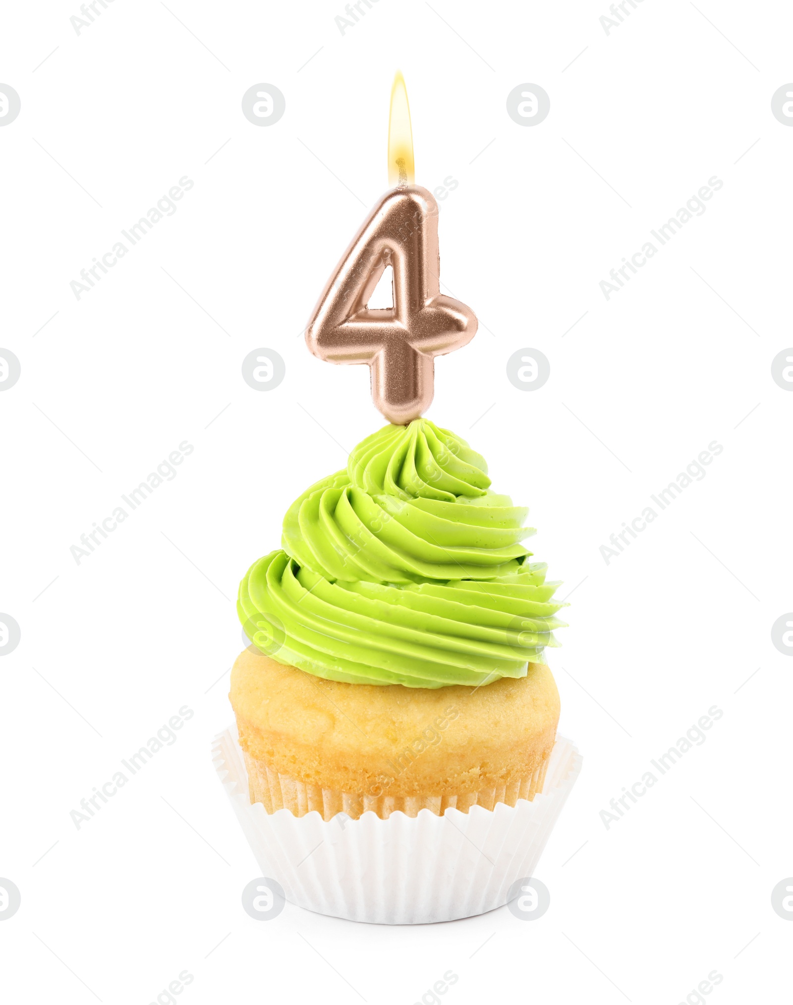 Photo of Birthday cupcake with number four candle on white background