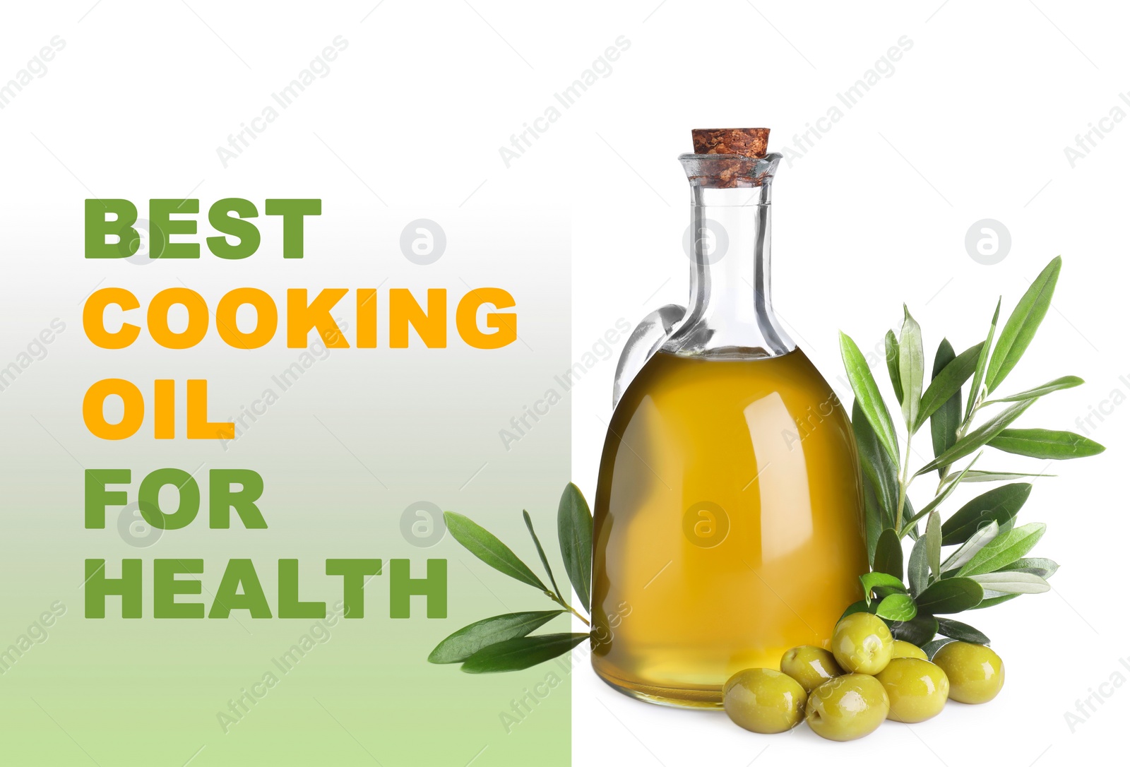 Image of Olive oil as best cooking oil for health. Text and product on white background