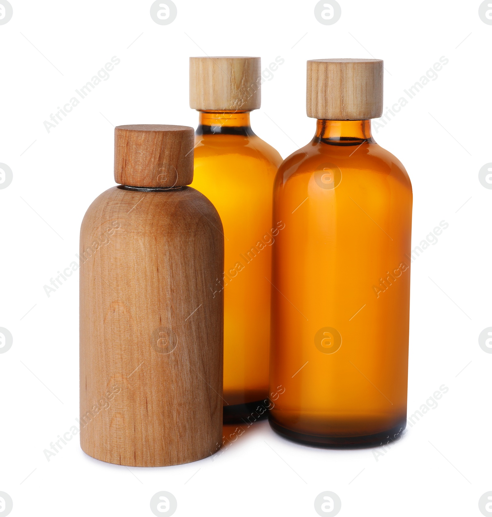 Photo of Different bottles of essential oil on white background