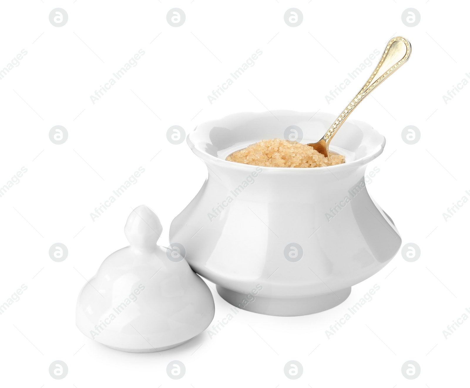 Photo of Ceramic bowl with brown sugar and spoon isolated on white