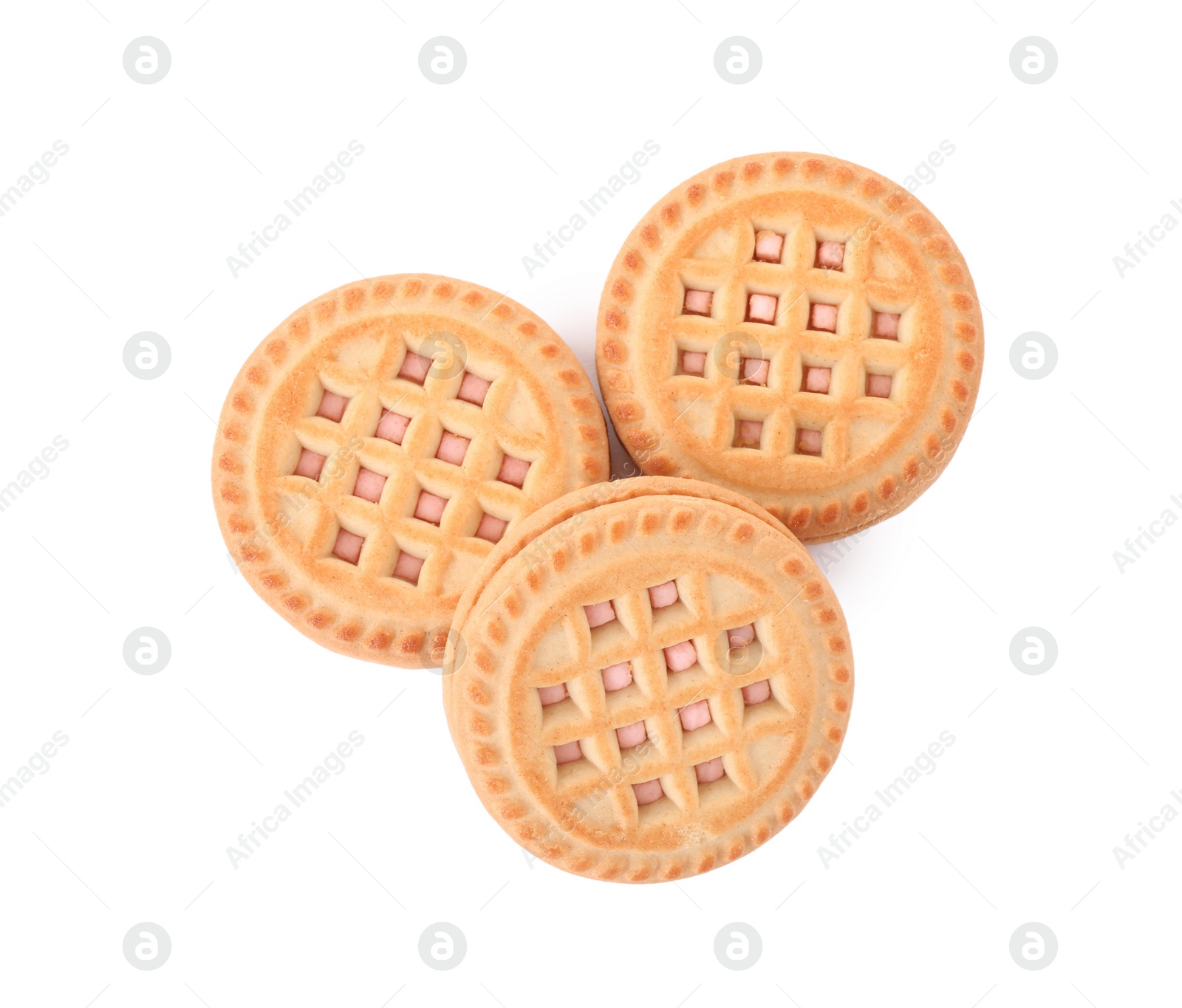 Photo of Tasty sandwich cookies with cream isolated on white, top view