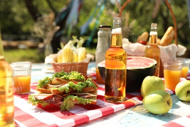 Different products and drinks for summer picnic served on checkered blanket outdoors