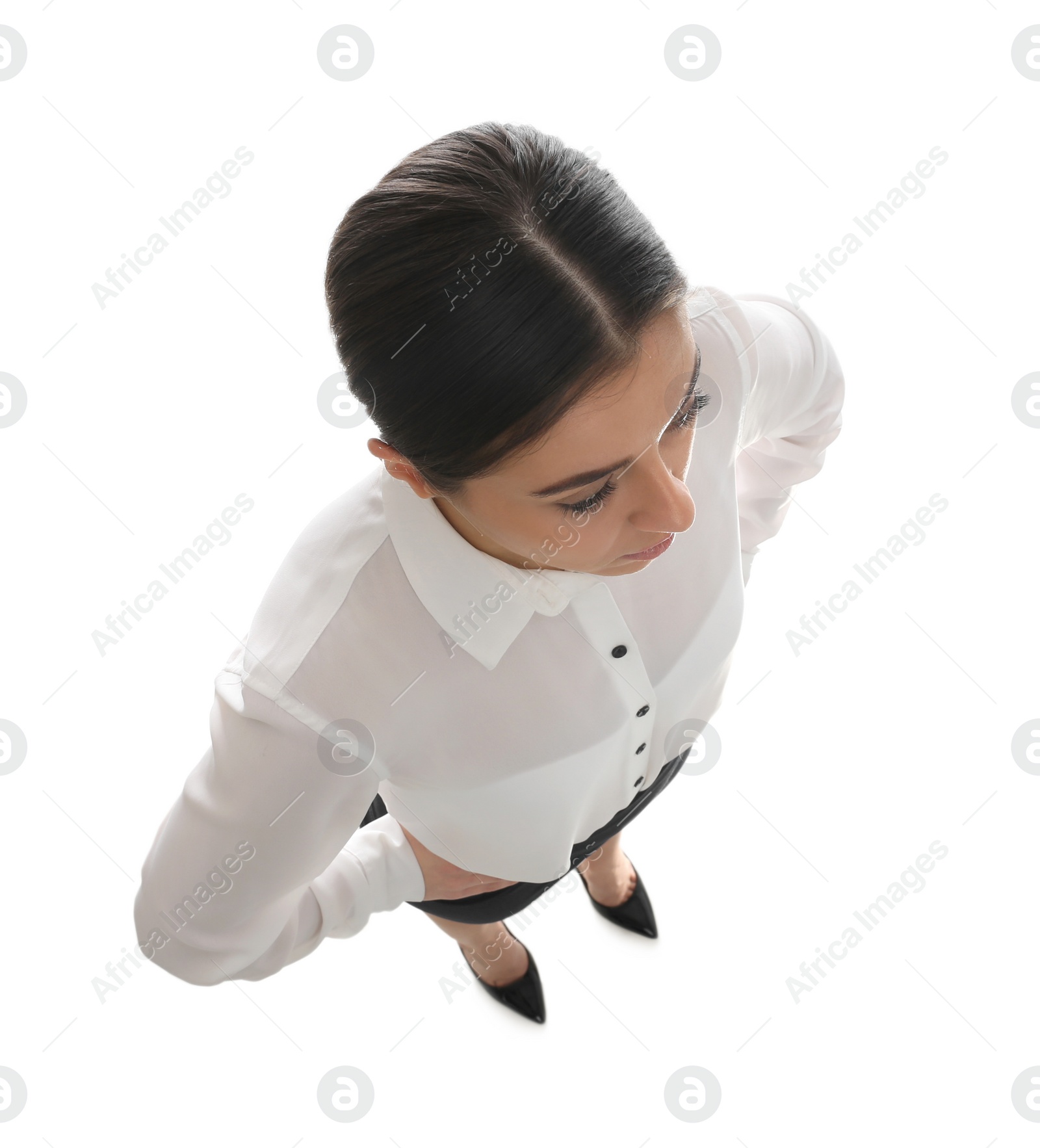 Photo of Young woman on white background, above view