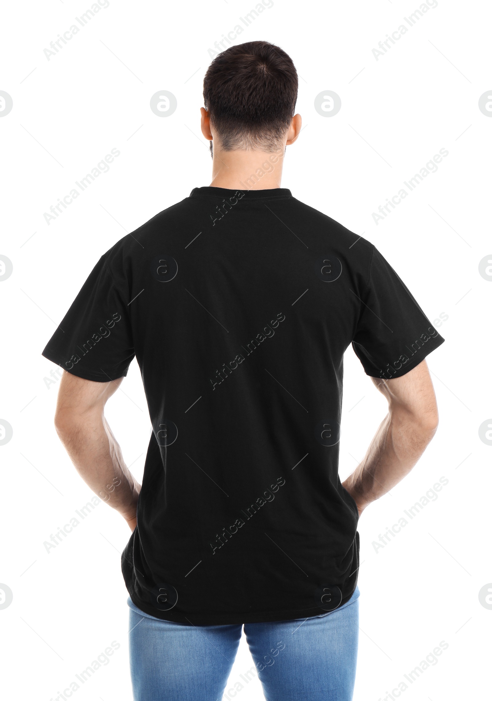 Photo of Young man in t-shirt on white background. Mockup for design