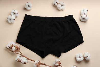 Photo of Men's underwear and cotton flowers on beige background, flat lay