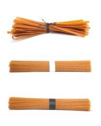 Image of Set with uncooked buckwheat noodles on white background