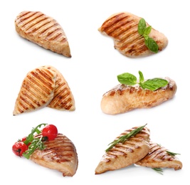 Image of Set of grilled chicken breasts on white background