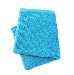 Photo of Soft blue terry towel isolated on white, top view
