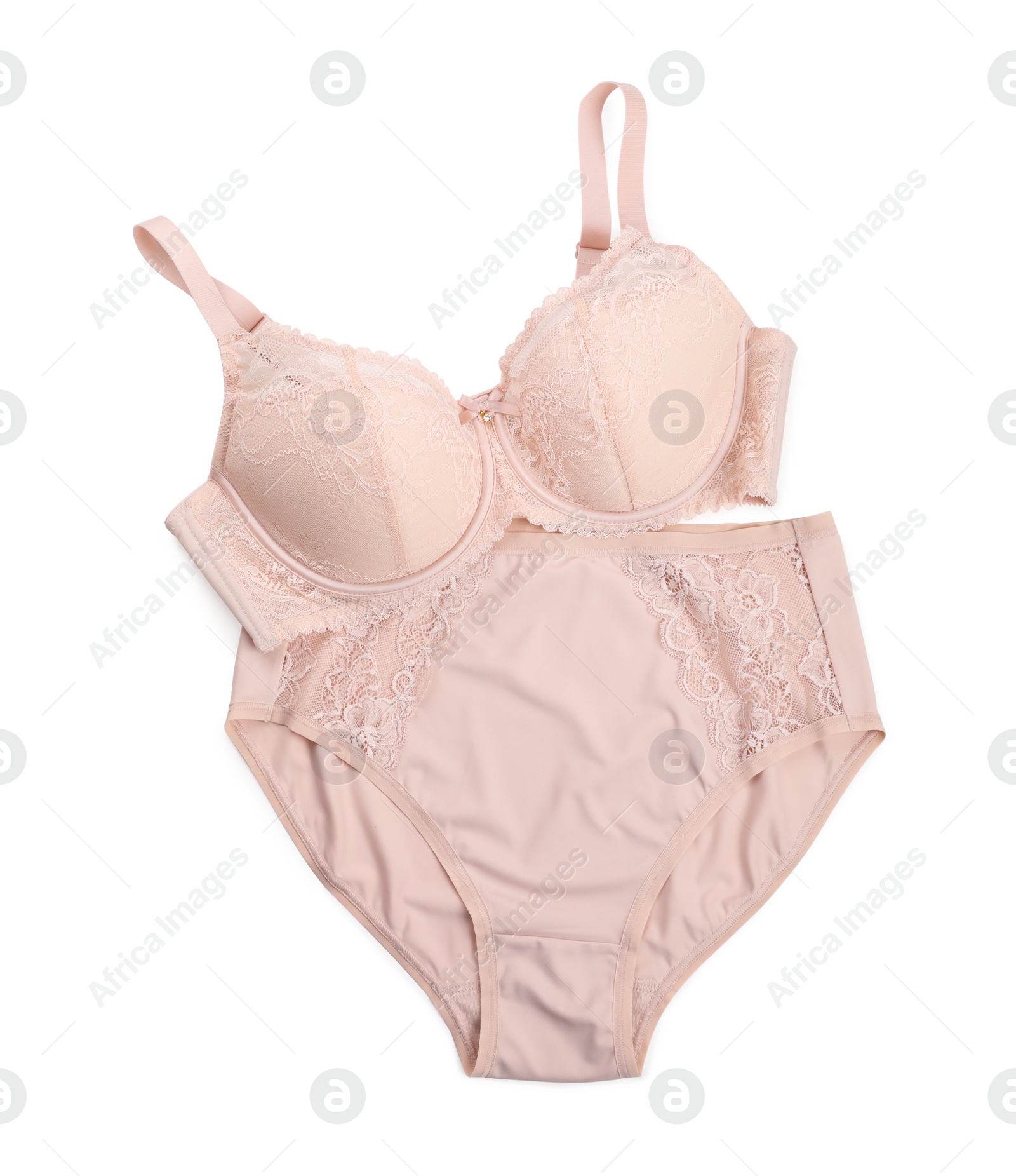 Photo of Elegant beige plus size women's underwear on white background, top view