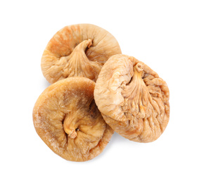 Pile of tasty dried figs isolated on white, top view