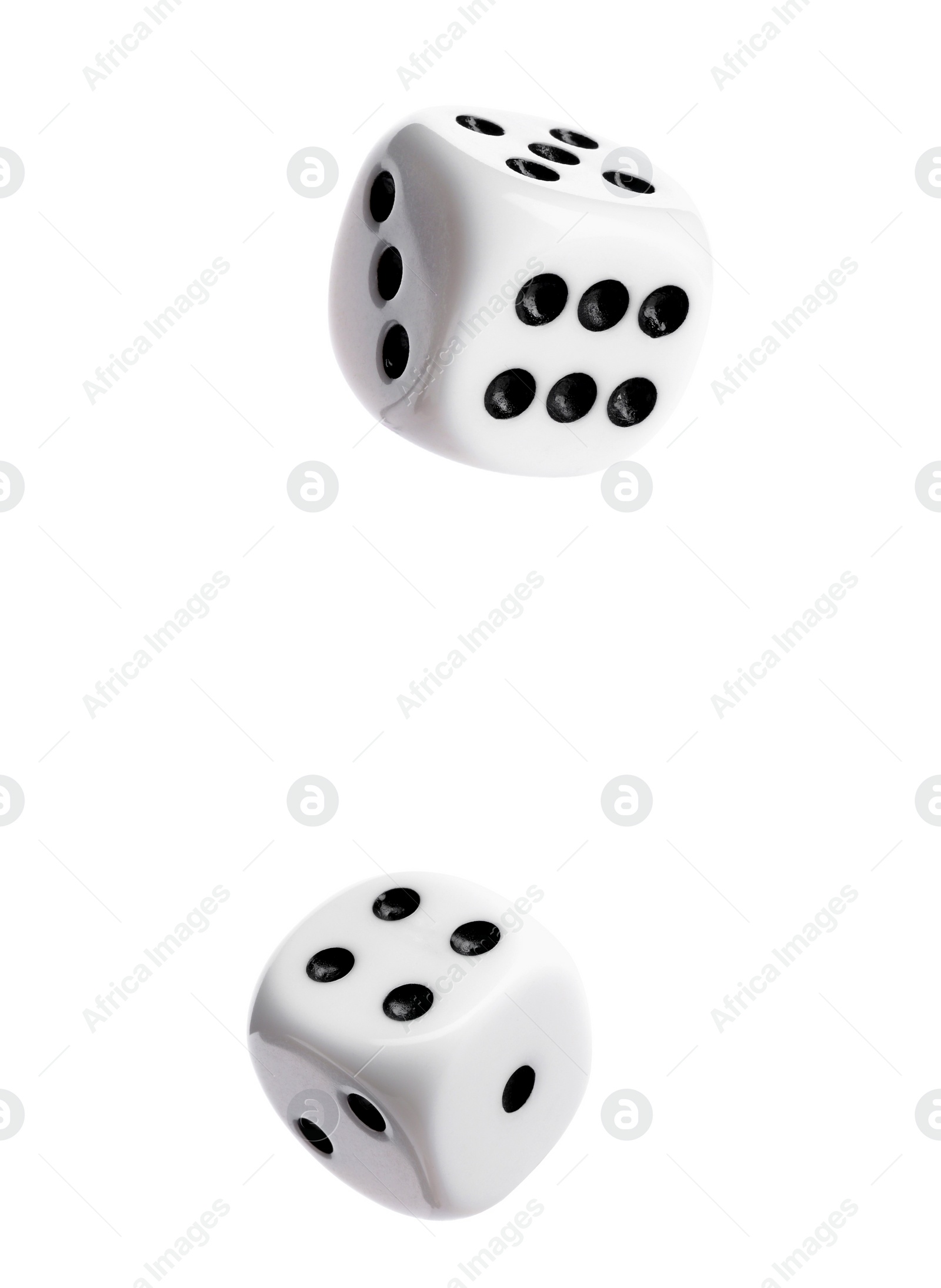 Image of Two dice in air on white background