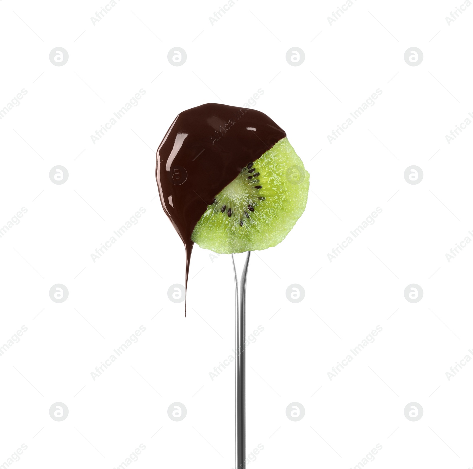 Photo of Tasty kiwi dipped into chocolate fondue on white background