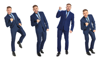 Image of Collage with photos of happy man celebrating victory on white background. Banner design