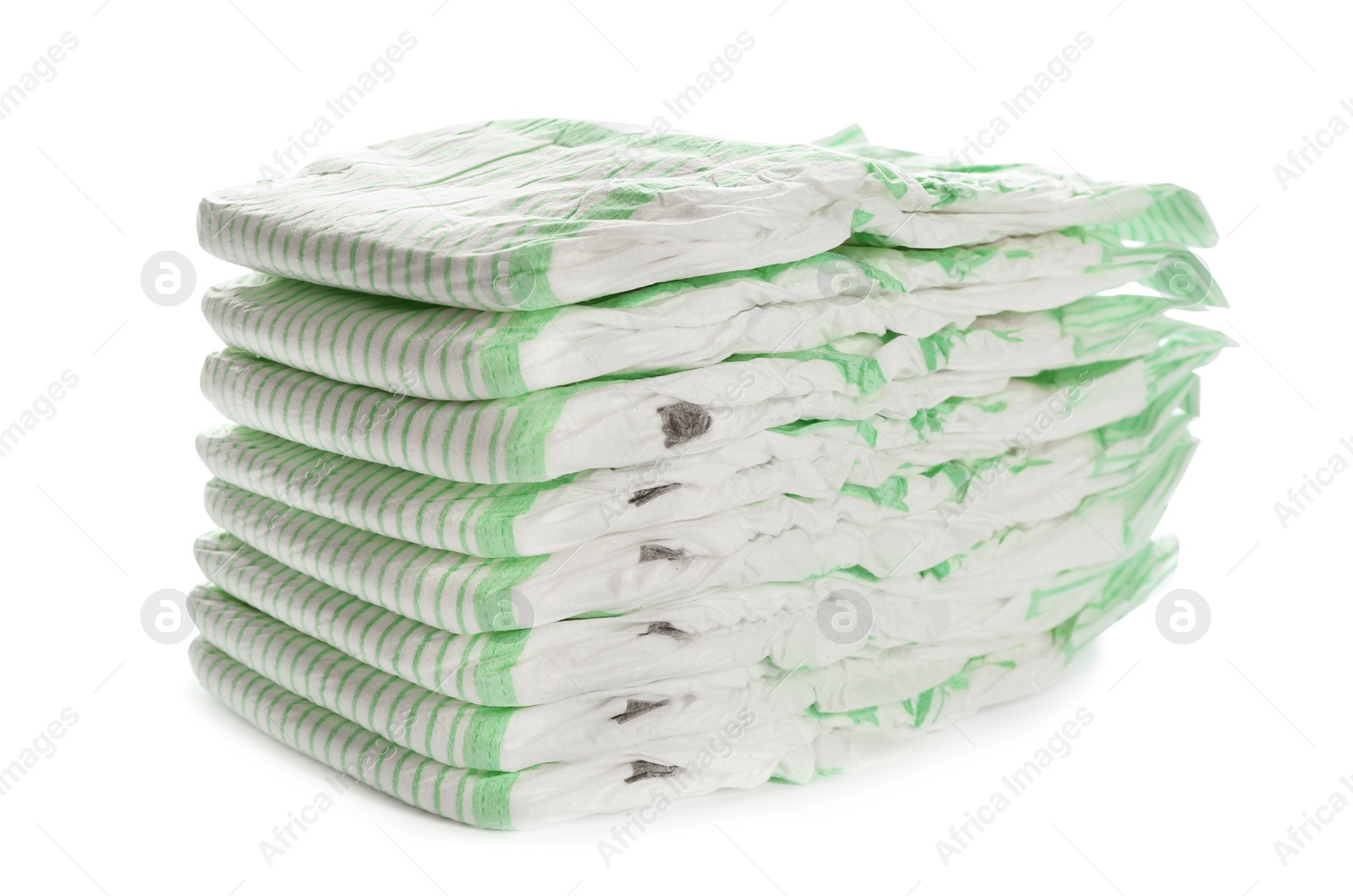 Photo of Stack of disposable diapers on white background. Baby accessories