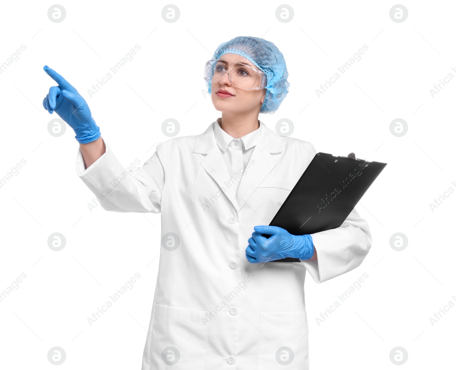 Photo of Quality control. Food inspector with clipboard on white background