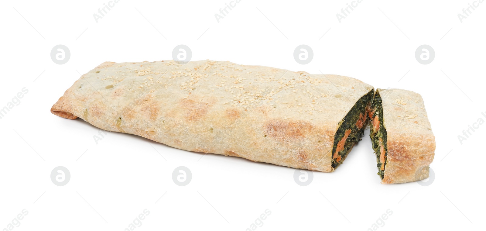 Photo of Tasty strudel with salmon and spinach isolated on white