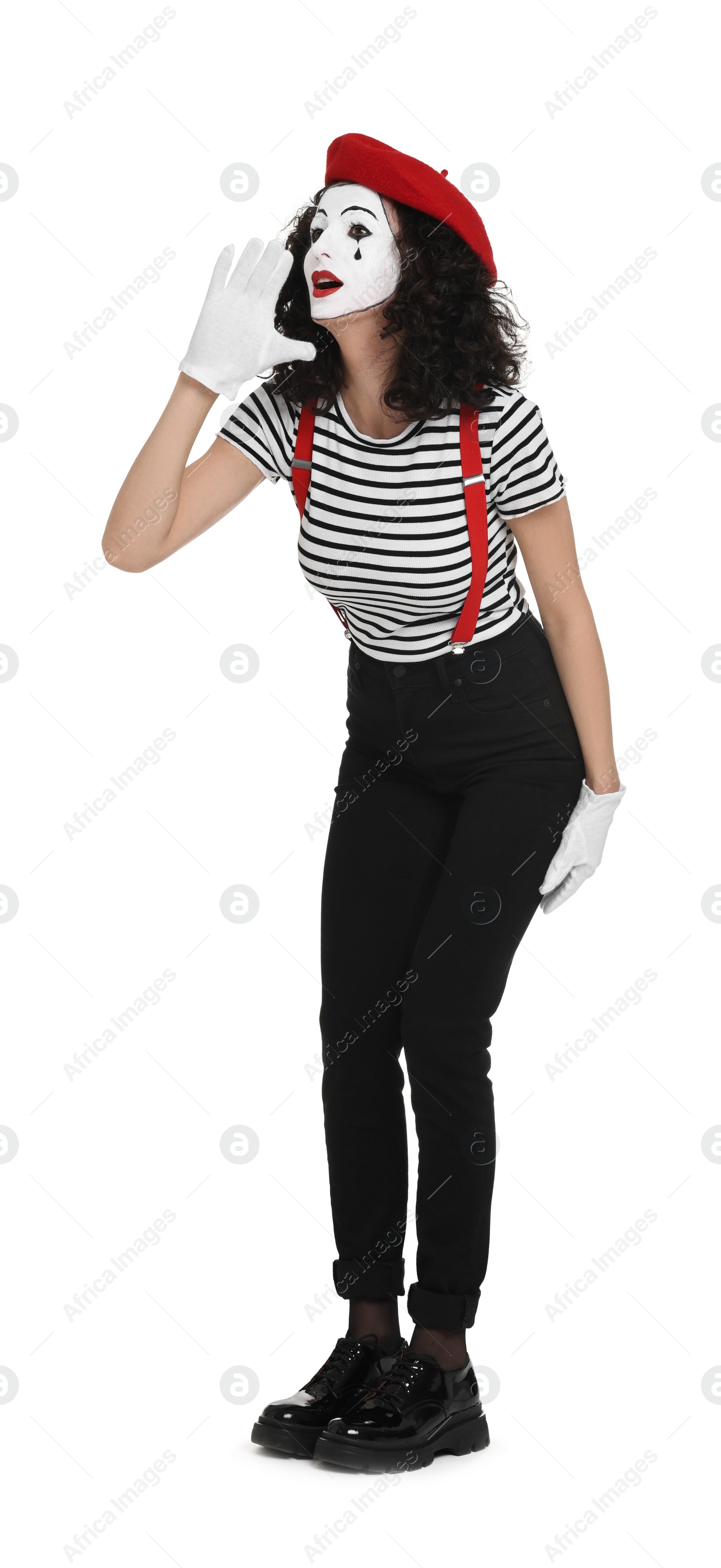 Photo of Funny mime with beret posing on white background