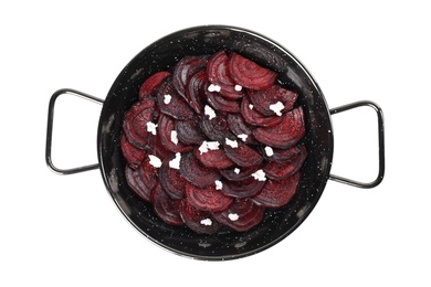 Photo of Roasted beetroot slices with feta cheese in wok pan isolated on white, top view