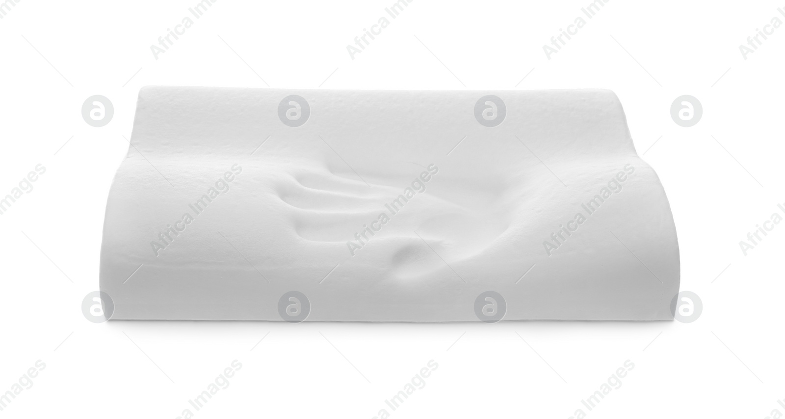Photo of Orthopedic memory foam pillow with handprint isolated on white
