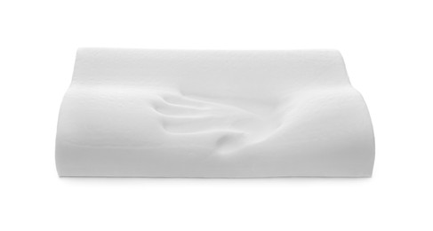 Photo of Orthopedic memory foam pillow with handprint isolated on white