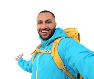 Photo of Smiling young man taking selfie on white background