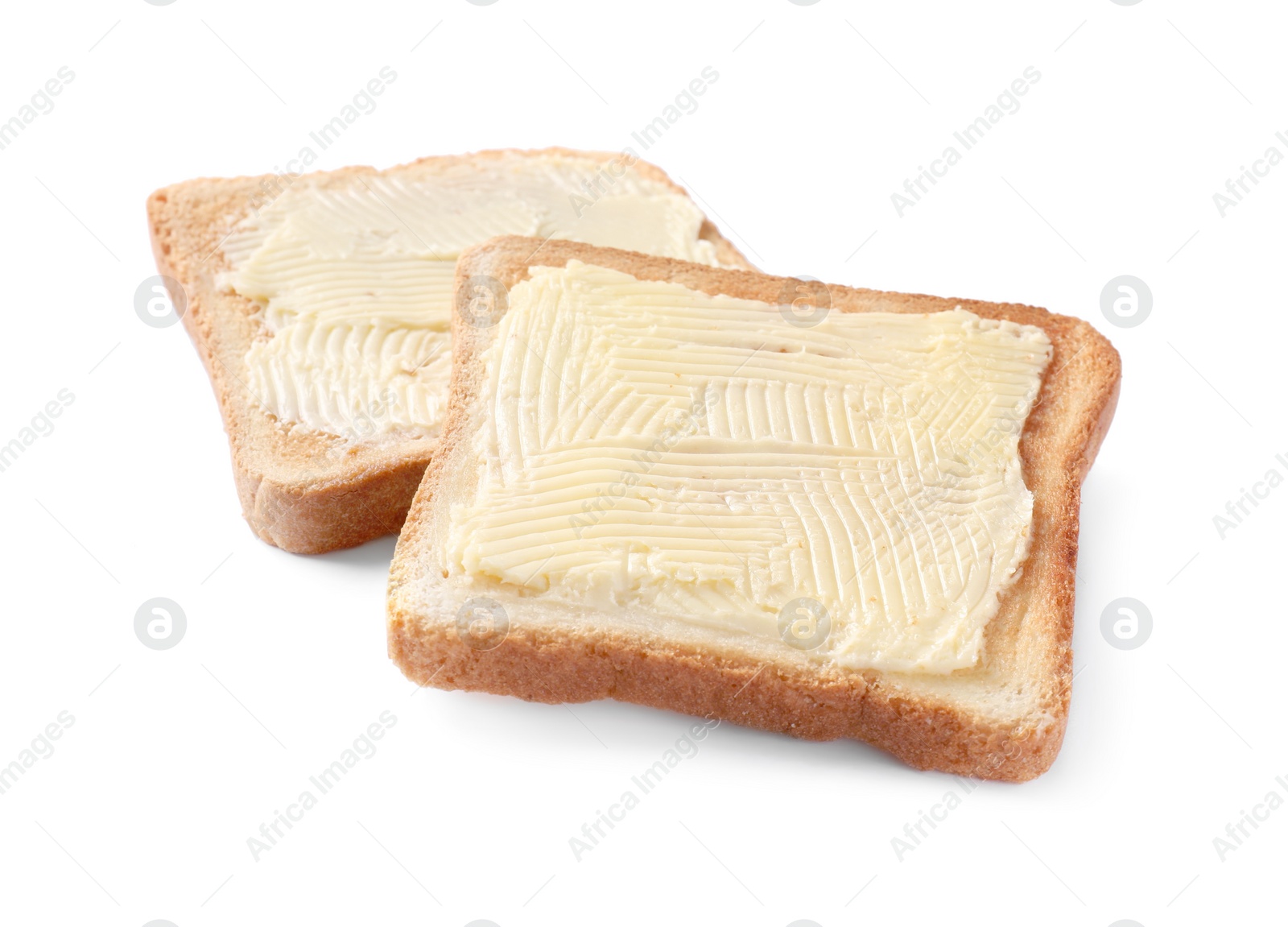 Photo of Tasty toasts with butter on white background