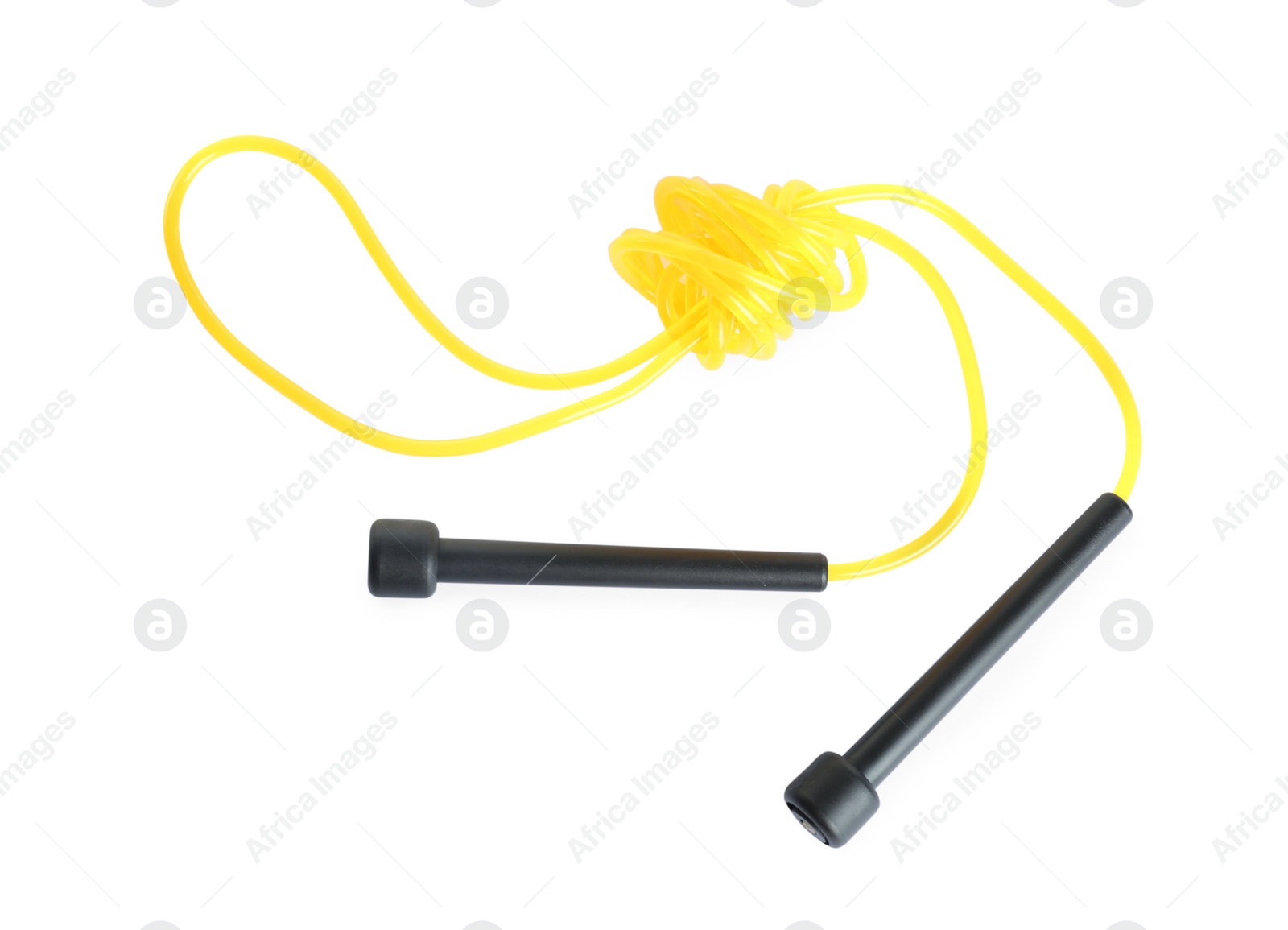 Photo of Yellow skipping rope with black handles isolated on white, top view