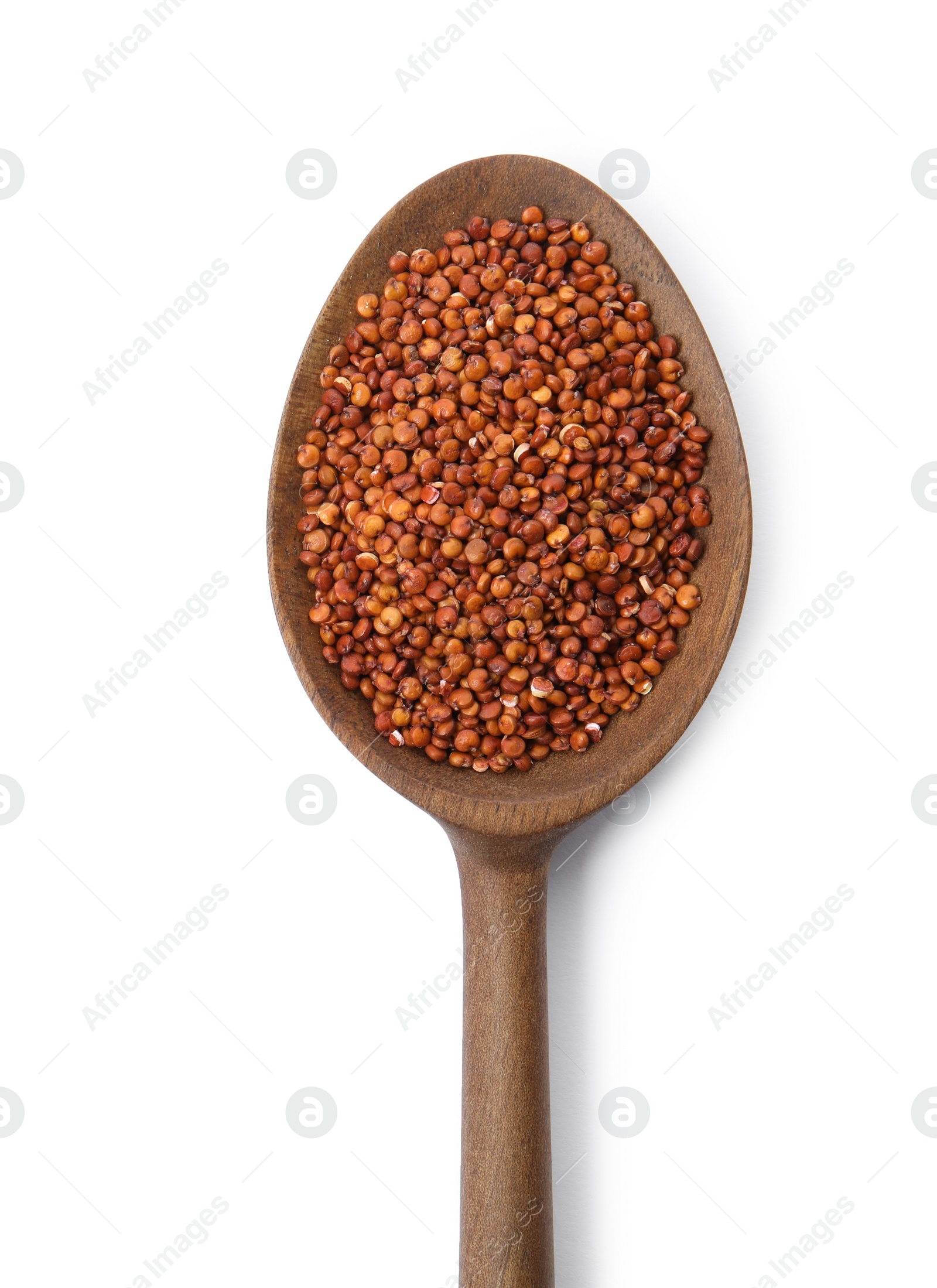 Photo of Spoon with red quinoa on white background, top view. Space for text