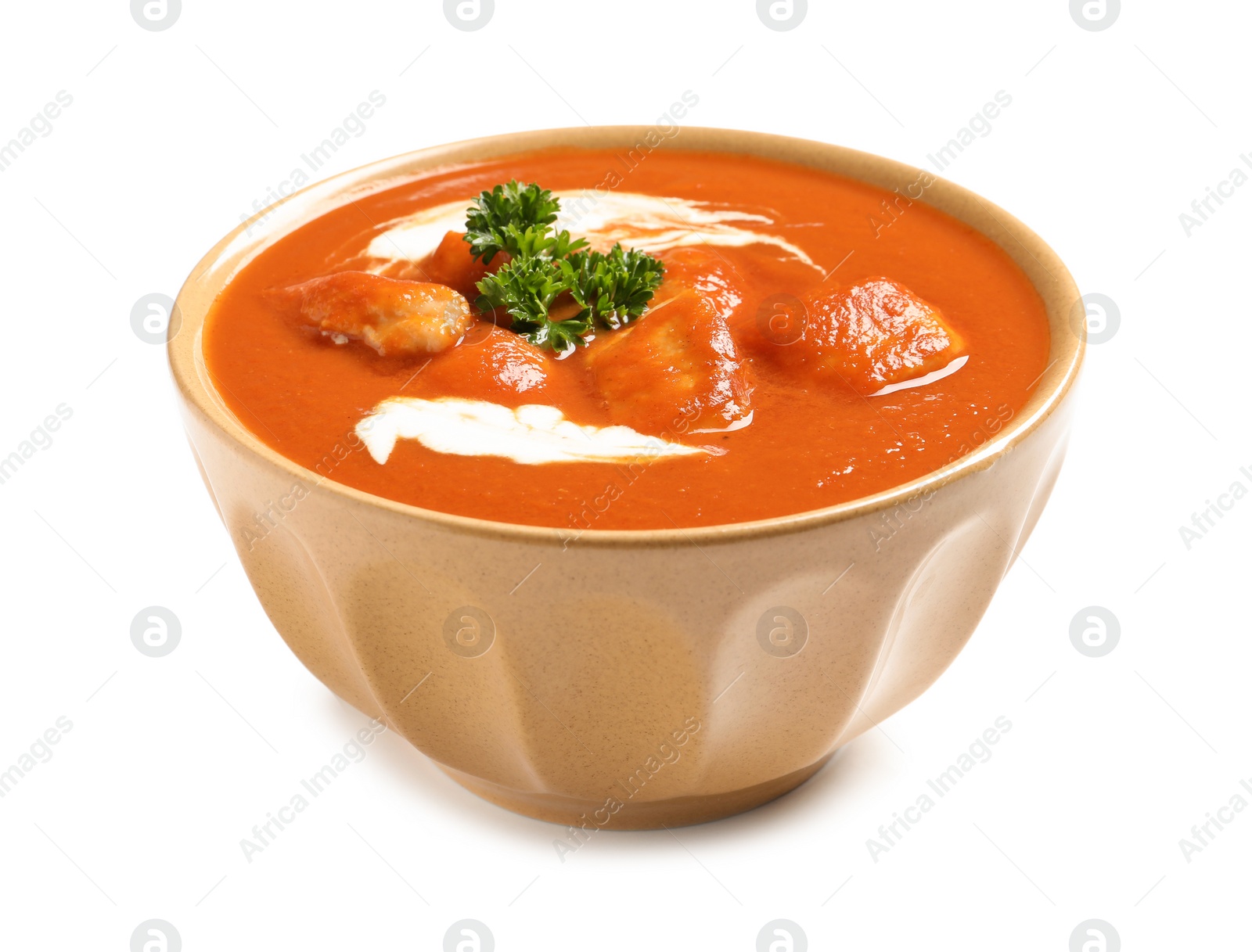 Photo of Bowl of delicious butter chicken on white background. Traditional indian Murgh Makhani