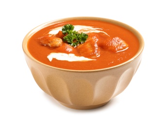 Photo of Bowl of delicious butter chicken on white background. Traditional indian Murgh Makhani