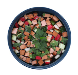Photo of Delicious cold okroshka with kvass isolated on white, top view. Traditional Russian summer soup