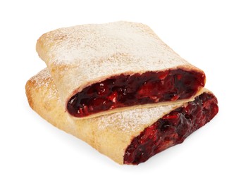 Delicious cut strudel with cherries isolated on white