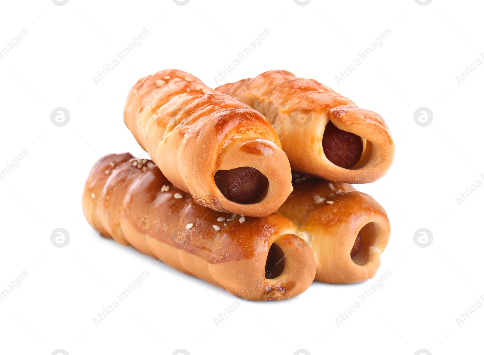 Photo of Many delicious sausage rolls isolated on white