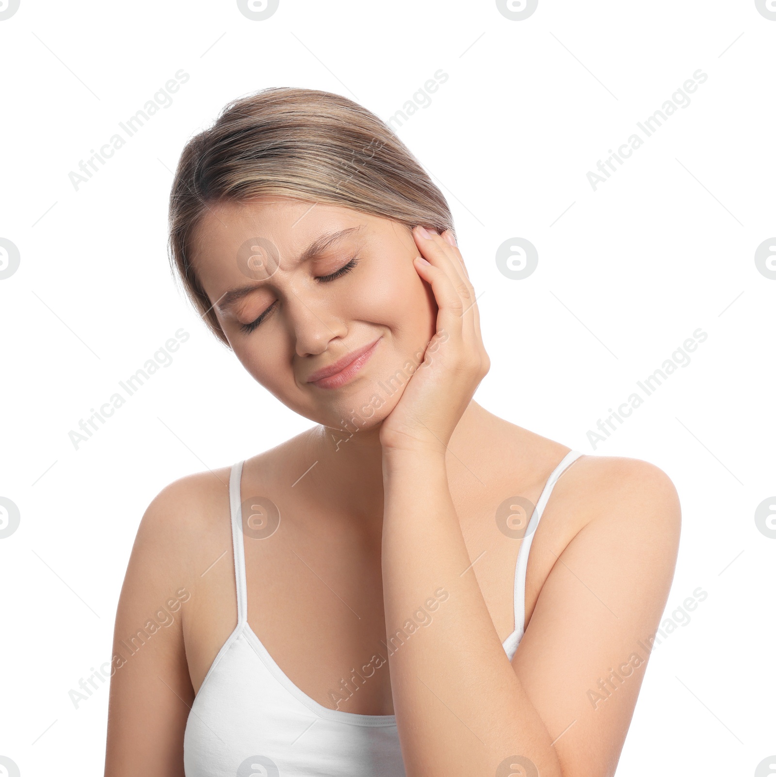 Photo of Young woman suffering from ear pain on white background