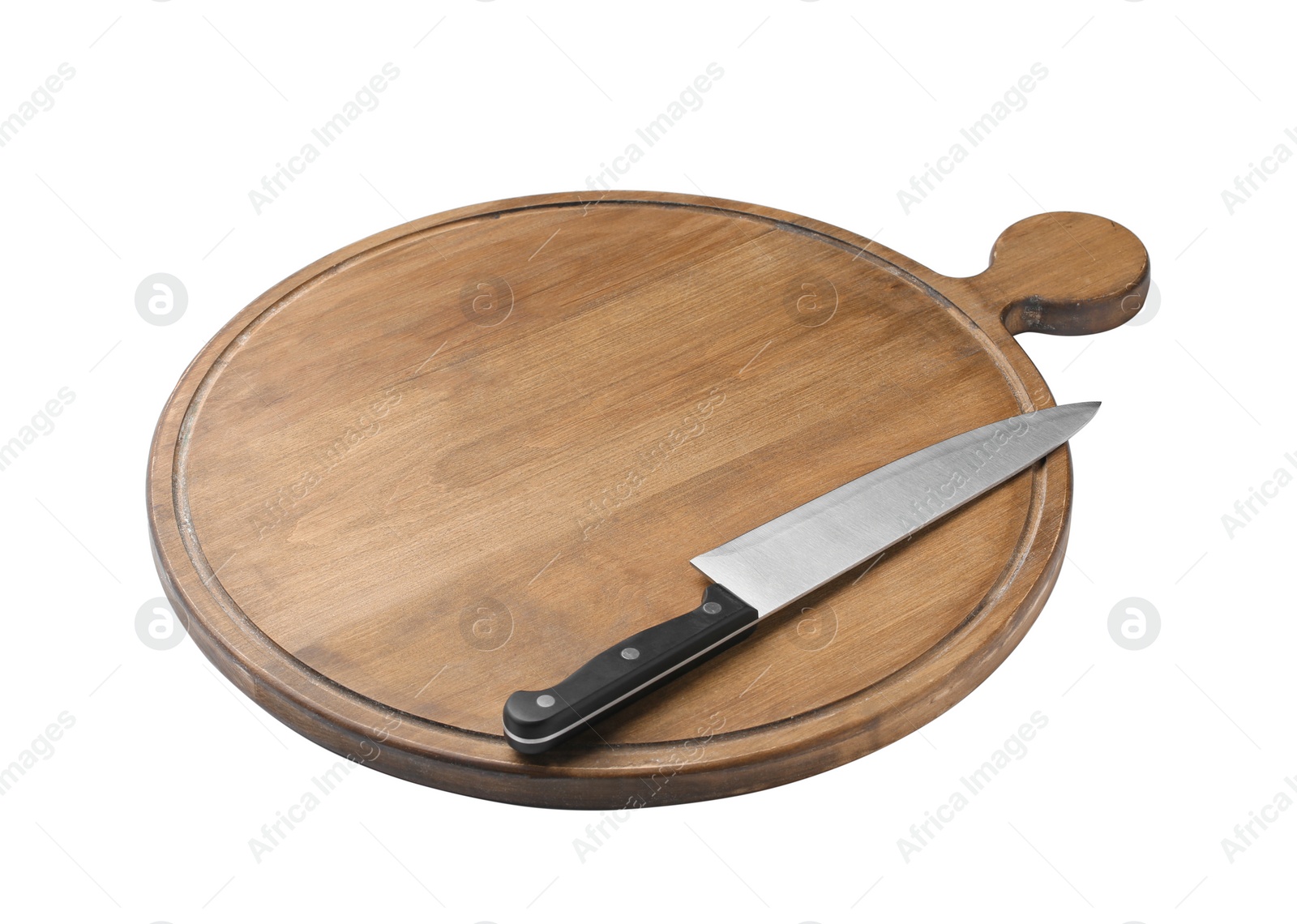 Photo of Chief's knife with wooden board isolated on white