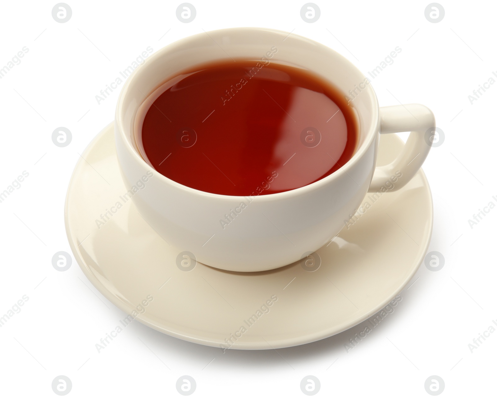 Photo of Ceramic cup of hot aromatic tea on white background