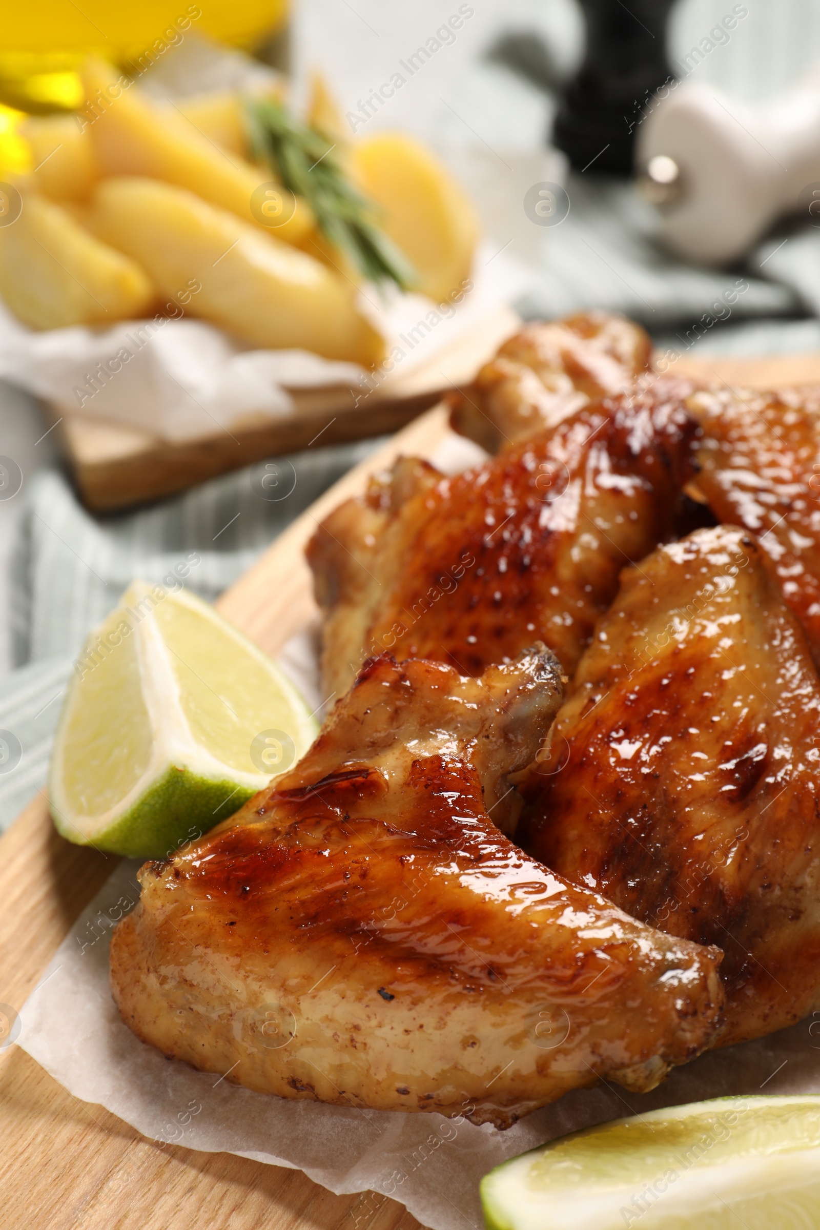 Photo of Closeup view of delicious fried chicken wings