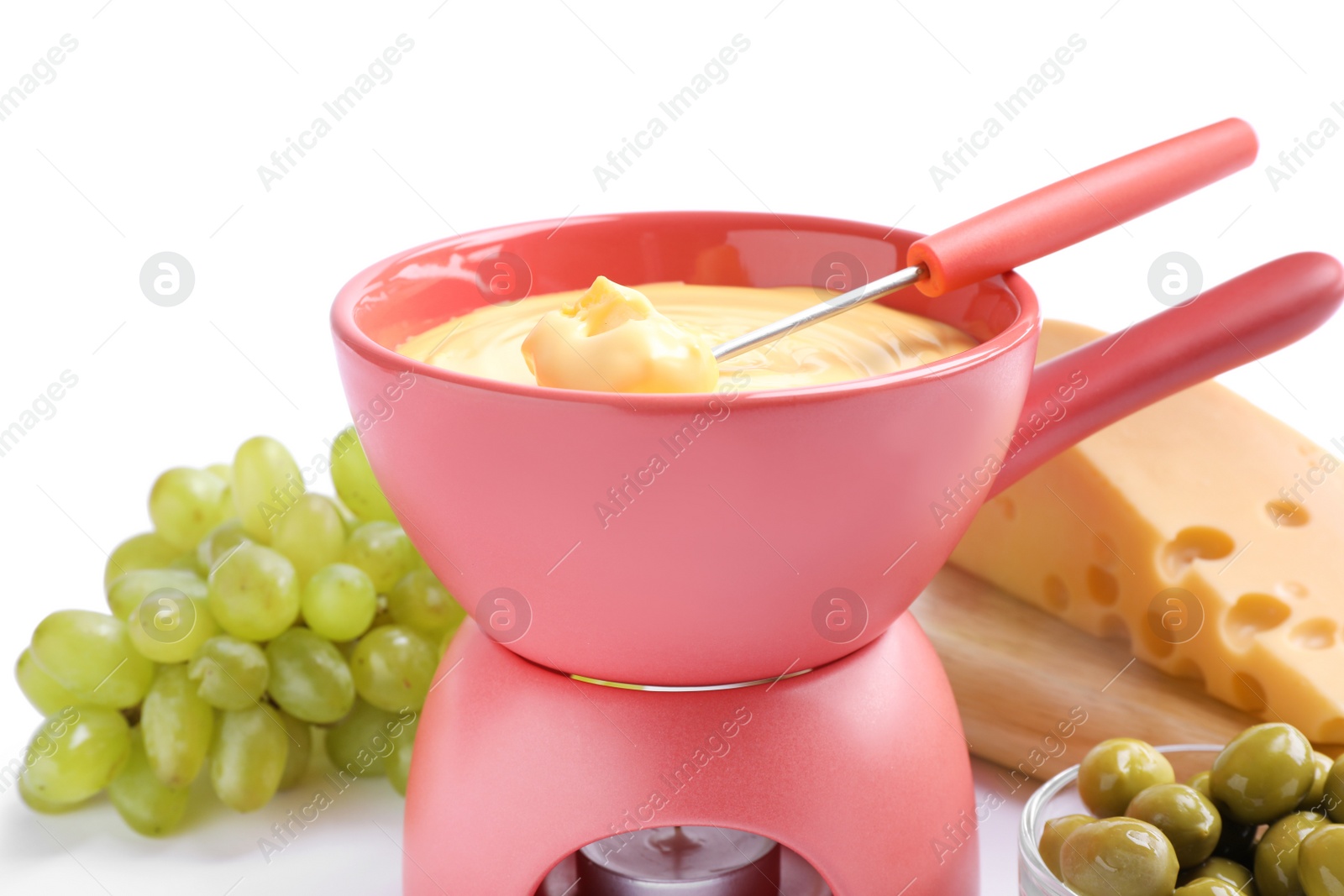 Photo of Composition with delicious cheese fondue, grapes and olives on white background, closeup