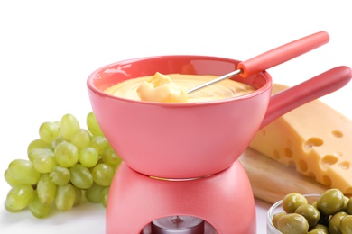 Photo of Composition with delicious cheese fondue, grapes and olives on white background, closeup