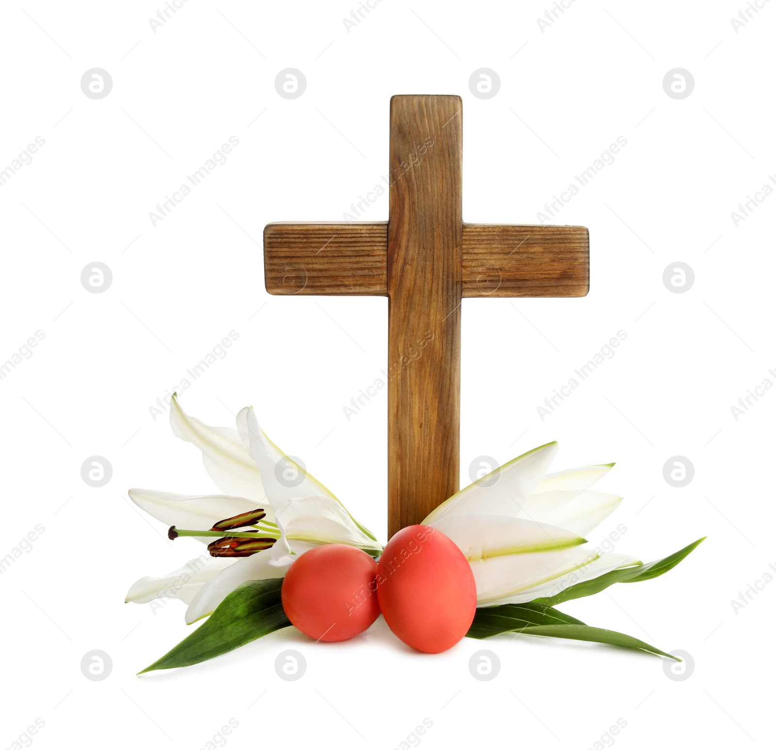 Photo of Wooden cross, Easter eggs and blossom lilies on white background