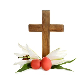 Photo of Wooden cross, Easter eggs and blossom lilies on white background