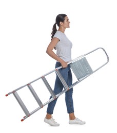 Photo of Young woman holding metal ladder on white background