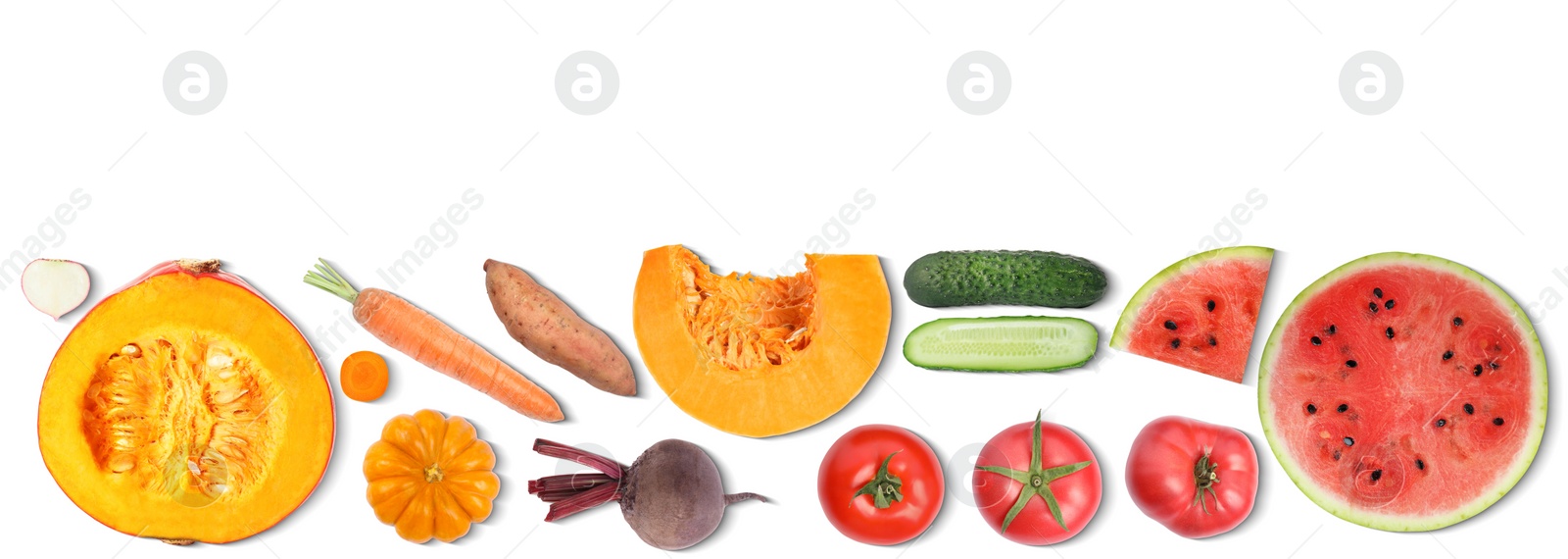 Image of Collage with many vegetables and fruits on white background, top view