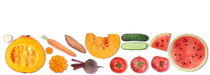 Collage with many vegetables and fruits on white background, top view