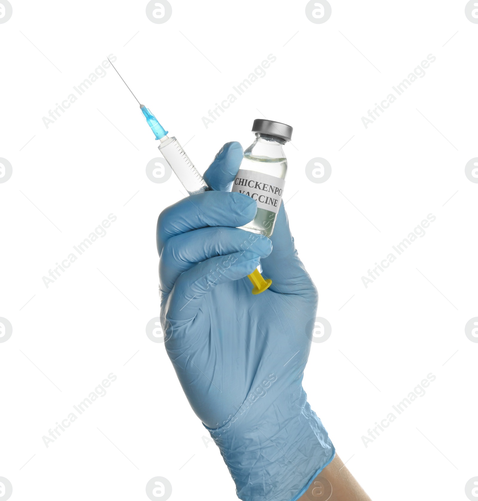 Photo of Doctor holding chickenpox vaccine and syringe on white background, closeup. Varicella virus prevention